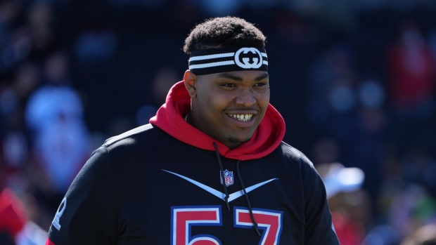 Feb 4, 2022; Las Vegas, NV, USA; Kansas City Chiefs tackle Orlando Brown (57) during AFC practice at the Las Vegas Ballpark. Mandatory Credit: Kirby Lee-USA TODAY Sports